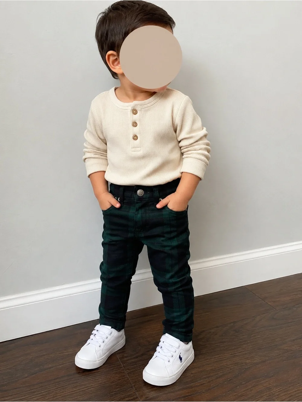 Ralph Lauren Cream Henley Top with Dark Green Plaid Pants